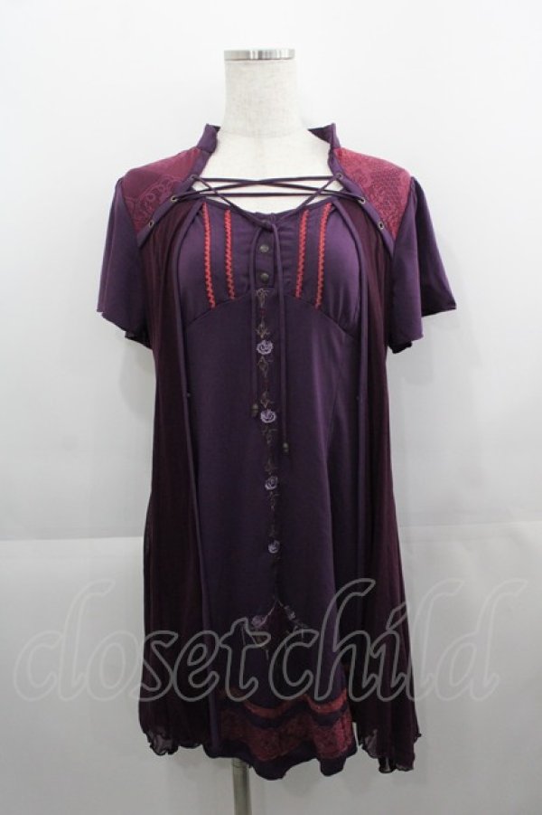 画像1: Ozz Croce / フロント縦ローズシャンデリア刺繍&チュール重ね半袖ワンピース  パープル I-25-04-21-072-OO-OP-HD-ZI (1)
