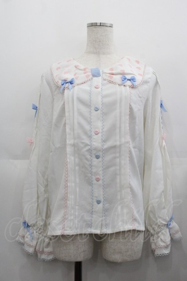 画像1: LOLITAその他(お買取対象外) / ハート総柄襟ブラウス  白ＸピンクＸ青 I-25-05-11-057-LO-BL-HD-ZI (1)