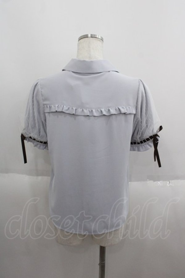 画像2: axes femme POETIQUE / ベルベットリボン半袖ブラウス  サックスＸブラウン I-25-05-19-005-AX-BL-HD-ZI (2)