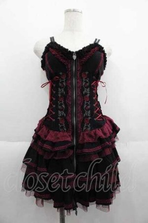 画像: OZZ ANGELO / 薔薇刺繍サイド編み上げコルセットキャミワンピース  黒Ｘ赤 I-25-05-29-097-OO-OP-HD-ZI