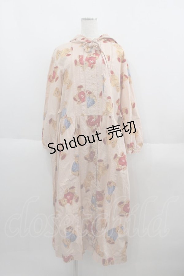 画像1: PINK HOUSE / くまぬいぐるみ柄フード付き長袖ワンピース  ピンク I-25-06-01-094-LO-OP-HD-ZI (1)