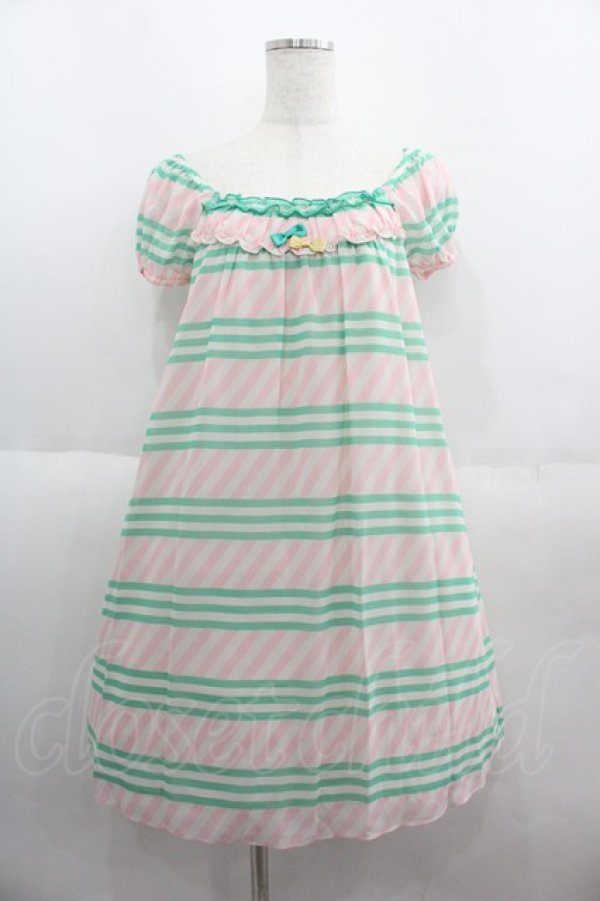 画像1: Emily Temple cute / ボーダーシフォン半袖ワンピース  ピンクＸミント I-25-06-08-092-ET-OP-HD-ZI (1)