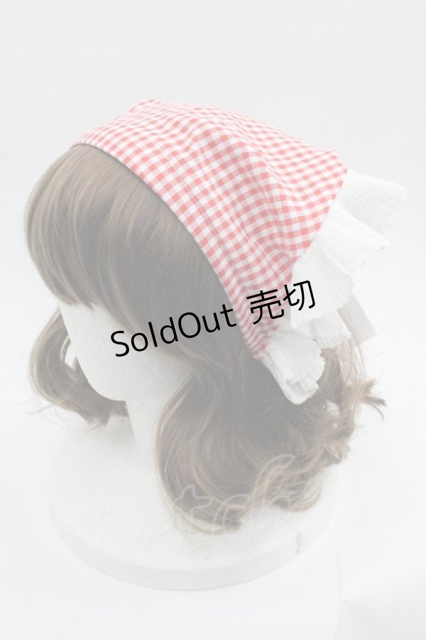 画像1: LOLITAその他(お買取対象外) / ギンガムチェックプリーツフリルバブーシュカ風カチューシャ  赤チェックＸ白 I-25-06-11-111-LO-AC-HD-ZI (1)