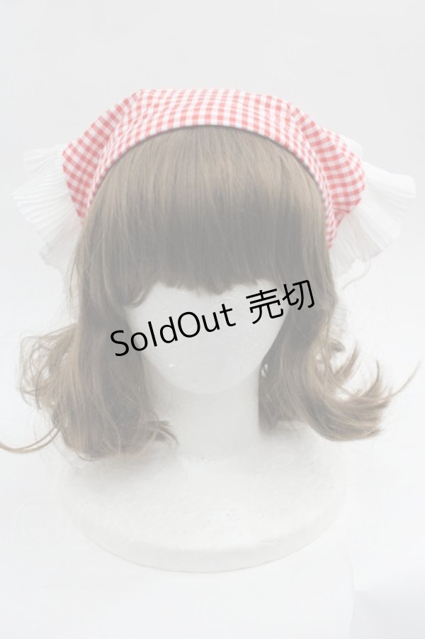 画像2: LOLITAその他(お買取対象外) / ギンガムチェックプリーツフリルバブーシュカ風カチューシャ  赤チェックＸ白 I-25-06-11-111-LO-AC-HD-ZI (2)