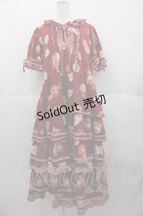 画像1: PINK HOUSE / ひな菊コサージュプリントパッチワークワンピース  赤 I-25-06-21-067-LO-OP-HD-ZI (1)