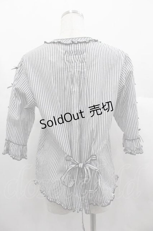 画像2: PINK HOUSE / グラデーションリボン使いストライプブラウス  黒Ｘ白 I-25-06-21-003-LO-BL-HD-ZT110 (2)