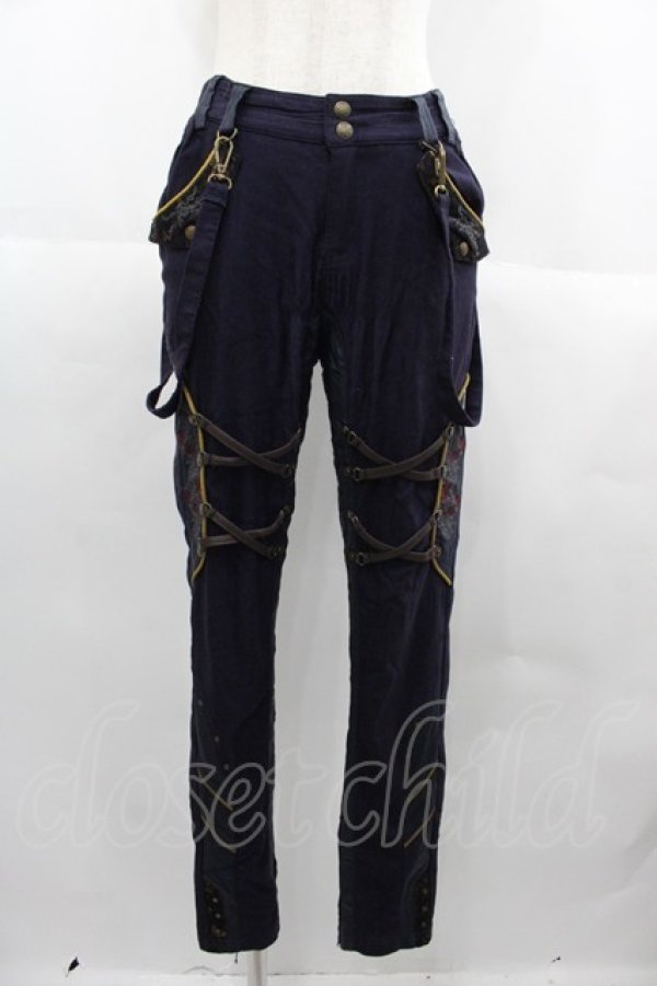 画像1: Ozz oneste / 薔薇刺繍編み上げデザインパンツ  ネイビーＸパープル I-25-06-25-088-OO-PA-HD-ZI (1)