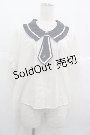 画像: Fi.n.t / ネクタイ付き半袖シフォンブラウス  アイボリーＸネイビー I-25-07-09-017-CA-BL-HD-ZI
