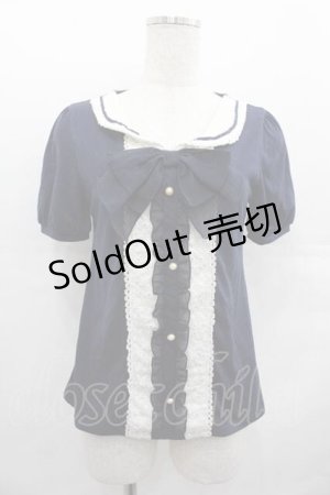画像: axes femme / フロントレースシフォンフリル半袖カットソー  ネイビー I-25-07-19-017-AX-TO-HD-ZI