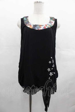 画像: gouk / 和柄ラインサクラ刺繍ノースリーブトップス  黒Ｘシルバー I-25-07-19-032-GO-TO-HD-ZI