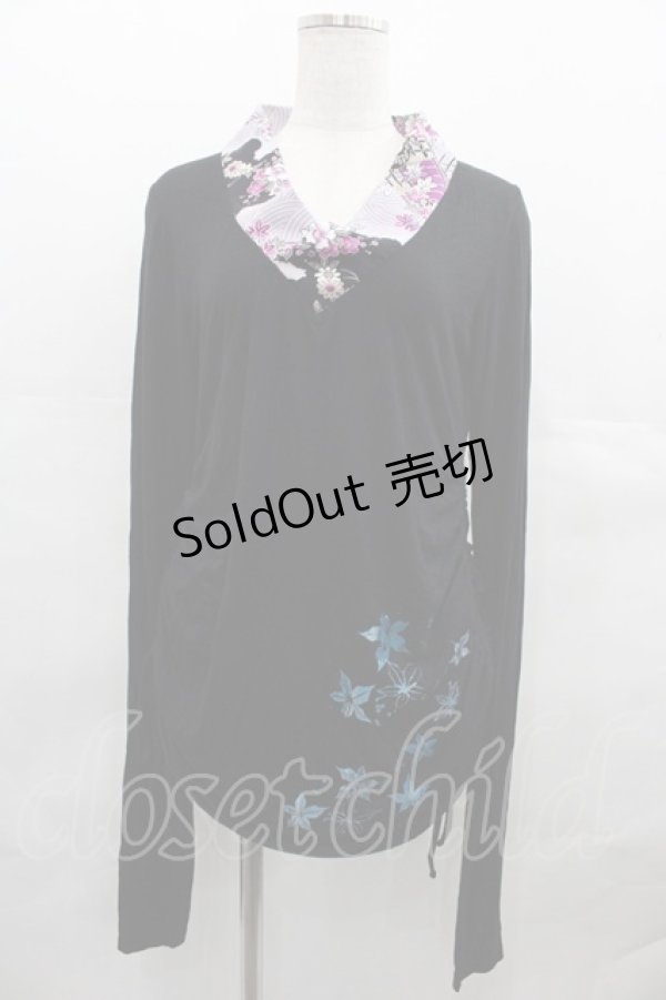 画像1: gouk / 和柄襟&もみじプリントカットソー  黒Ｘ紫 I-25-07-23-028-GO-TO-HD-ZI (1)