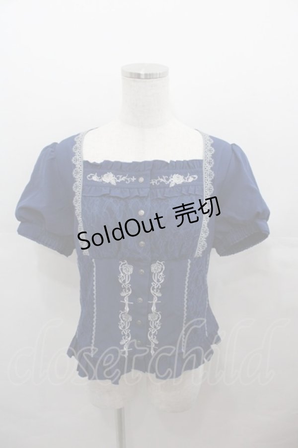 画像1: OZZ ANGELO / 薔薇十字架刺繍スナップボタン半袖ブラウス  青Ｘ白 I-25-07-27-040-OO-BL-HD-ZI (1)
