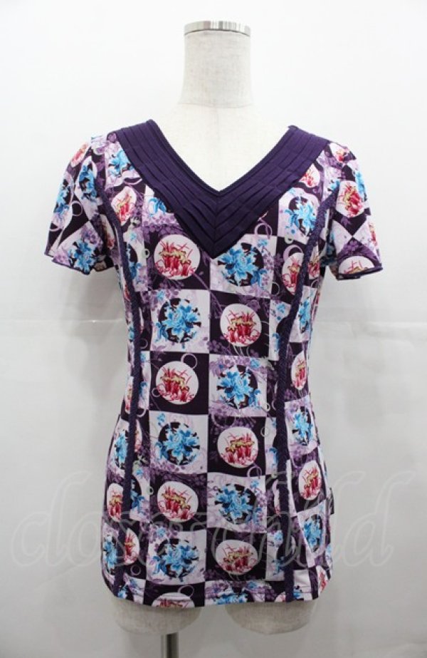 画像1: Ozz oneste / 市松柄Vネック半袖カットソー  パープル I-25-08-04-011-OO-TO-HD-ZI (1)