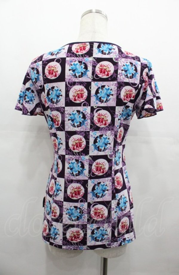 画像2: Ozz oneste / 市松柄Vネック半袖カットソー  パープル I-25-08-04-011-OO-TO-HD-ZI (2)