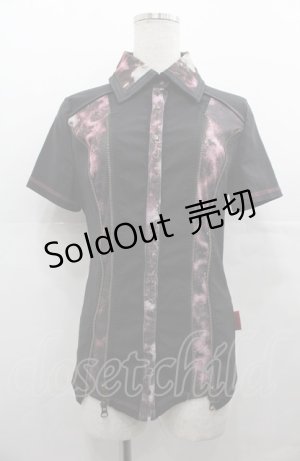 画像: Ozz Croce / フロントZIP切替半袖スナップボタンシャツ  黒Ｘ赤 I-25-08-04-012-OO-BL-HD-ZI