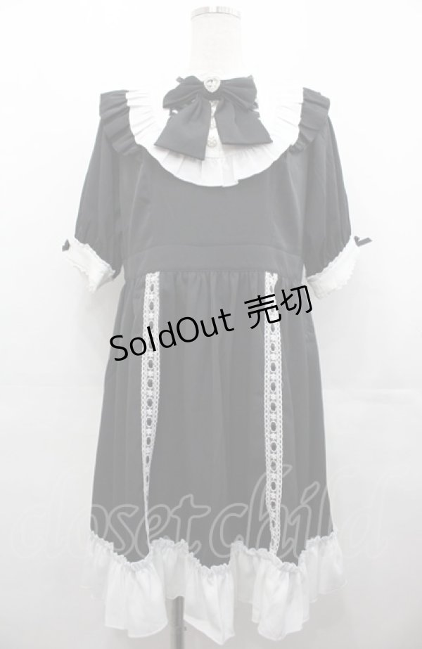 画像1: DearMyLove / フリルサイド編みハイネック半袖ワンピース LL 黒Ｘ白 I-25-08-04-039-EL-OP-HD-ZI (1)