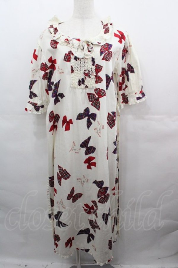 画像1: PINK HOUSE / リボンプリントミディワンピース  ホワイト I-25-08-15-092-LO-OP-HD-ZS (1)