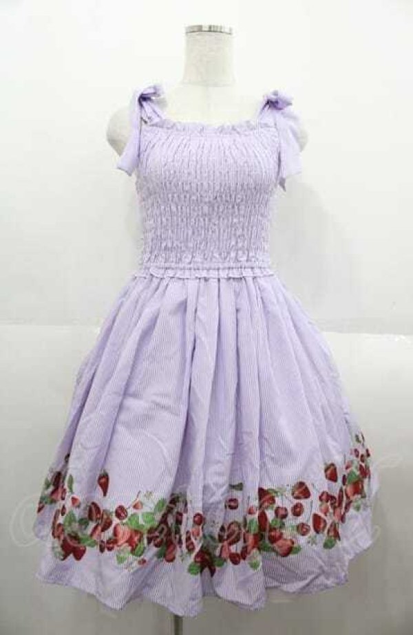 画像1: Secret Honey / 肩リボンいちご柄ワンピース  ラベンダー I-25-08-22-073-CA-OP-HD-ZI (1)