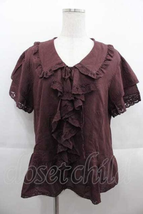 画像1: PINK HOUSE / レースフリル半袖ブラウス  バーガンディ I-25-09-13-045-LO-BL-HD-ZT453 (1)