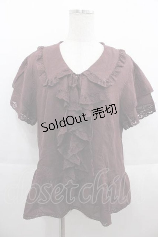 画像1: 【SALE】PINK HOUSE / レースフリル半袖ブラウス  バーガンディ I-25-09-13-045-LO-BL-HD-ZT453 (1)