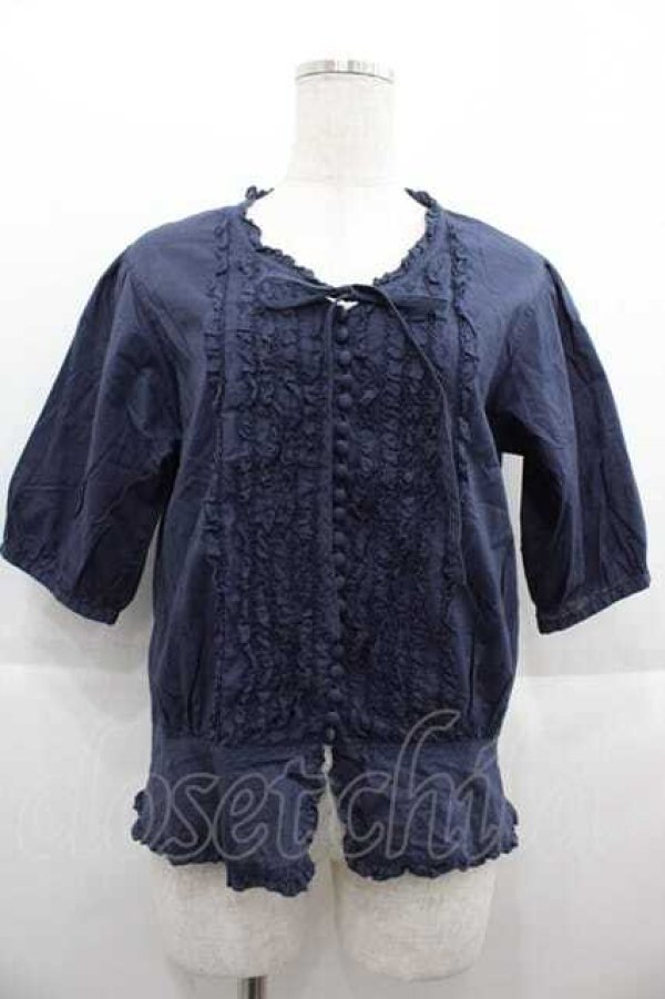 画像1: PINK HOUSE / 半袖フリルブラウス  ネイビー I-25-09-13-054-LO-BL-HD-ZT193 (1)