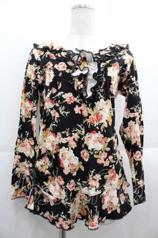 画像1: PINK HOUSE / オールドローズブーケカットソー  黒Ｘピンク I-25-09-13-055-LO-TO-HD-ZI (1)