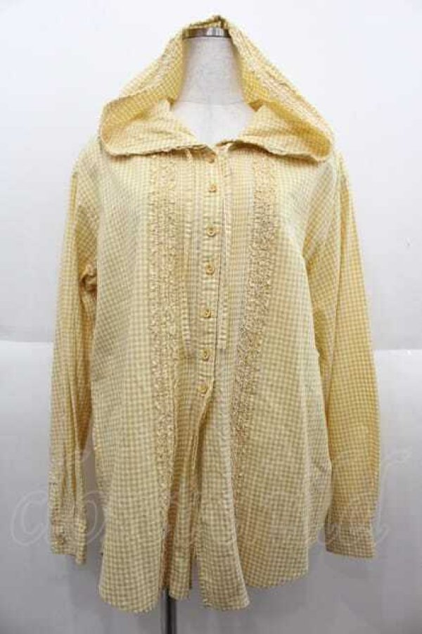 画像1: PINK HOUSE / ギンガムチェックフード付きフリルブラウス L イエロー I-25-09-13-062-LO-BL-HD-ZT191 (1)