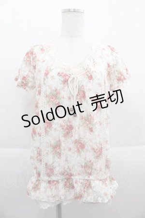 画像: LIZ LISA / ローズブーケプリントレース半袖トップス  白Ｘピンク I-25-09-13-009-LO-TO-HD-ZT453