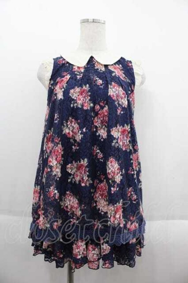 画像1: LIZ LISA / フラワーレースプリントノースリーブトップス&スカパンセットアップ  ネイビー I-25-09-13-091-LO-TO-HD-ZT071 (1)