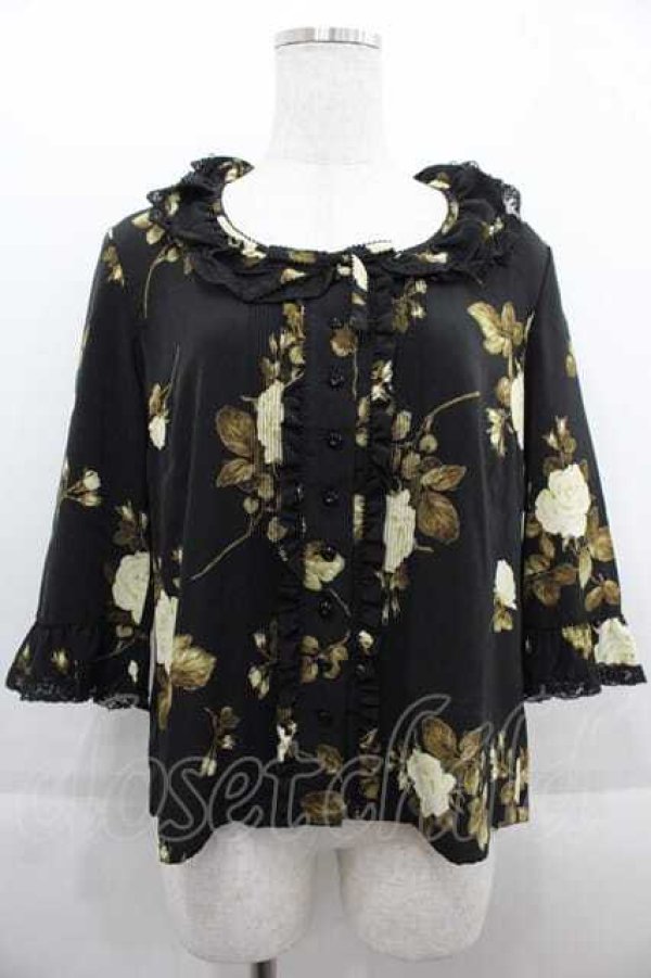 画像1: PINK HOUSE / 薔薇プリントブラウス  黒Ｘ白Ｘ緑 I-25-09-13-031-LO-BL-HD-ZT193 (1)