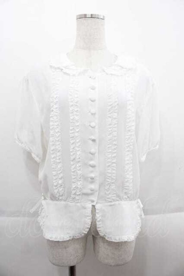 画像1: INGEBORG / ピコフリル裾リボン半袖ブラウス  ホワイト I-25-09-13-035-LO-BL-HD-ZT198 (1)