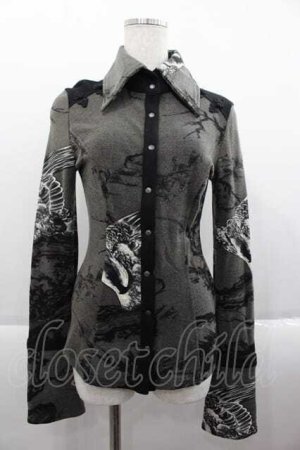 画像: Ozz oneste / サイドチャイナデザインプリントスナップボタンシャツ  グレーＸ黒Ｘ白 I-25-09-18-025-OO-BL-HD-ZI