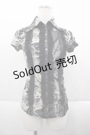画像: Ozz On / スナップボタン総柄シースルー半袖シャツ  黒Ｘ白 I-25-09-18-026-OO-BL-HD-ZI