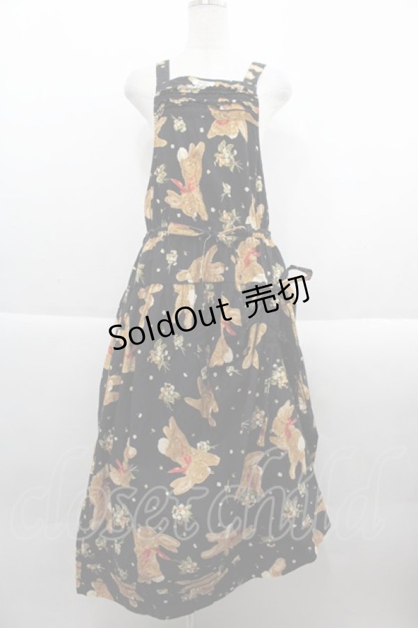 画像1: PINK HOUSE / うさぎptエプロンジャンパースカート  ブラック I-25-09-21-067-LO-OP-HD-ZI (1)