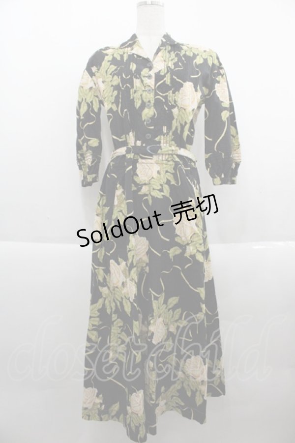 画像1: INGEBORG / 薔薇柄半袖開襟ワンピース  ブラック I-25-09-21-078-LO-OP-HD-ZI (1)