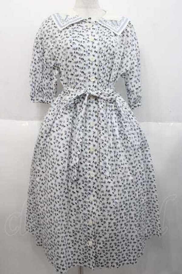 画像1: Jane Mrple / Harmony cross stitch collar dress ドレス  白Ｘ青 I-25-10-10-053-LO-OP-SA-ZI (1)