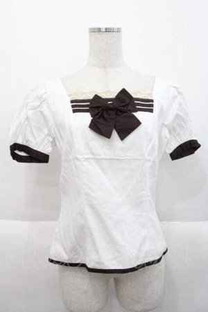 画像: MARBLE / リボンブローチ付き半袖ブラウス  白Ｘブラウン I-25-10-10-028-GO-BL-SA-ZI