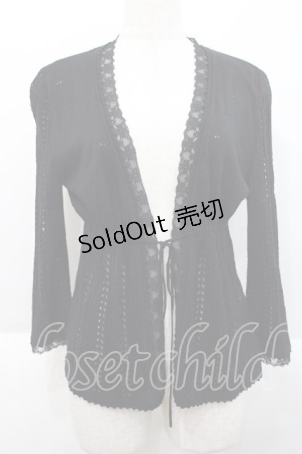 画像1: PINK HOUSE / 胸元切替五分袖カーディガン L ブラック I-25-10-18-028-LO-TO-SA-ZI (1)