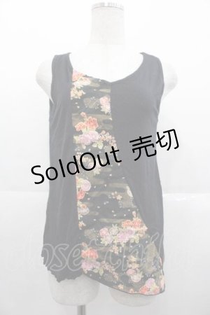 画像: gouk / 和花柄フロント切替ノースリーブトップス  黒 I-25-10-21-019-GO-TO-SA-ZI