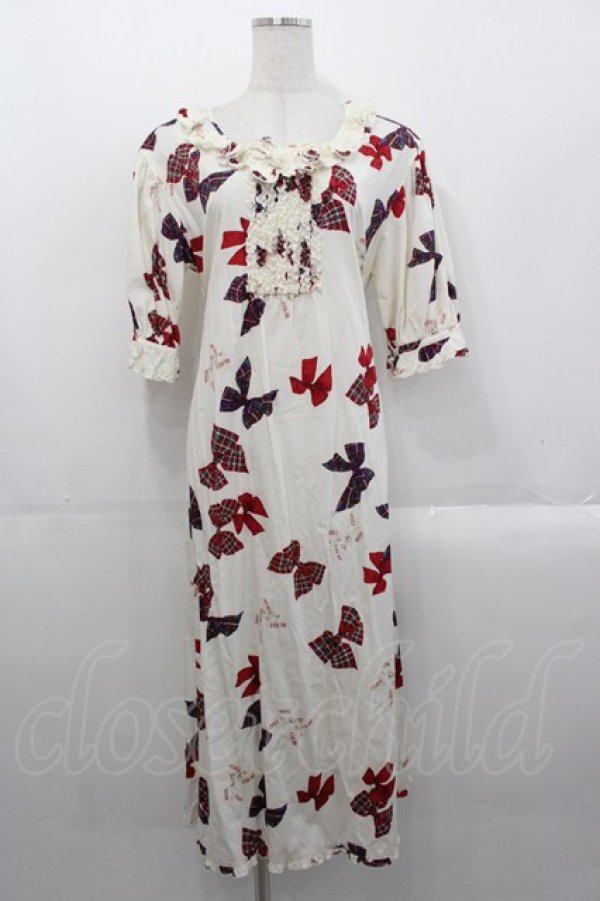 画像1: PINK HOUSE / リボンプリントミディワンピース  白 I-25-10-29-052-LO-OP-SA-ZI (1)