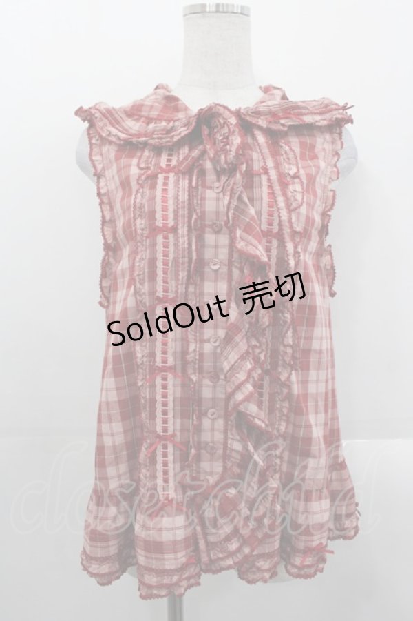 画像1: PINK HOUSE / ウサギの耳付きオリジナルチェックフードベスト  赤チェック I-25-10-29-016-LO-TO-SA-ZI (1)