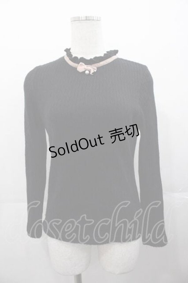 画像1: mon lily / リボンパールハイネックトップス  黒Ｘピンク I-25-11-04-010-LO-TO-SA-ZI (1)