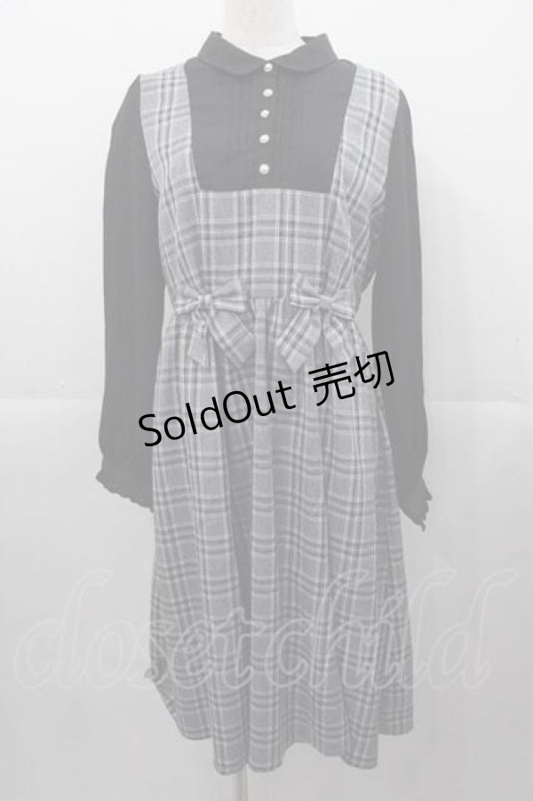 画像1: axes femme / チェックリボンドッキングワンピース  黒Ｘグレー I-25-11-04-046-AX-OP-SA-ZI (1)