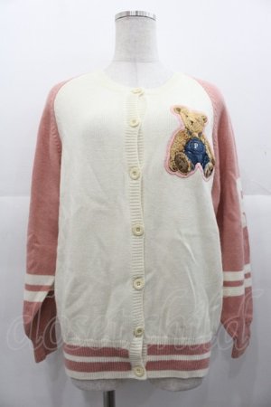 画像: PINK HOUSE / オーバーオールくまさんワッペンニットカーディガン  白Ｘピンク I-25-11-07-037-LO-TO-SA-ZI