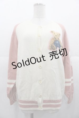 画像: PINK HOUSE / オーバーオールくまさんワッペンニットカーディガン  白Ｘピンク I-25-11-07-037-LO-TO-SA-ZI