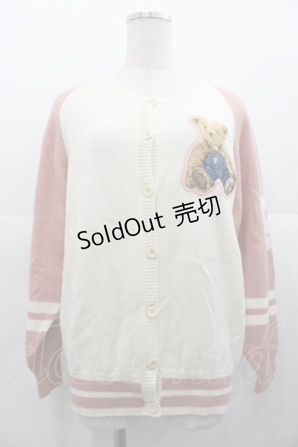 画像1: PINK HOUSE / オーバーオールくまさんワッペンニットカーディガン  白Ｘピンク I-25-11-07-037-LO-TO-SA-ZI (1)
