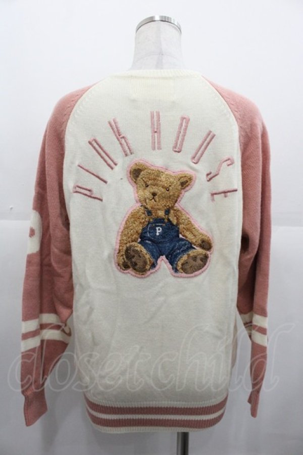 画像2: PINK HOUSE / オーバーオールくまさんワッペンニットカーディガン  白Ｘピンク I-25-11-07-037-LO-TO-SA-ZI (2)