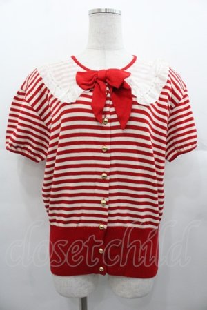 画像: PINK HOUSE / 襟付きボーダーリボン半袖カーディガン  赤Ｘ白 I-25-11-07-032-LO-TO-SA-ZI