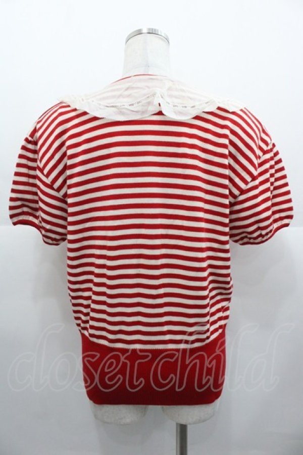 画像2: PINK HOUSE / 襟付きボーダーリボン半袖カーディガン  赤Ｘ白 I-25-11-07-032-LO-TO-SA-ZI (2)