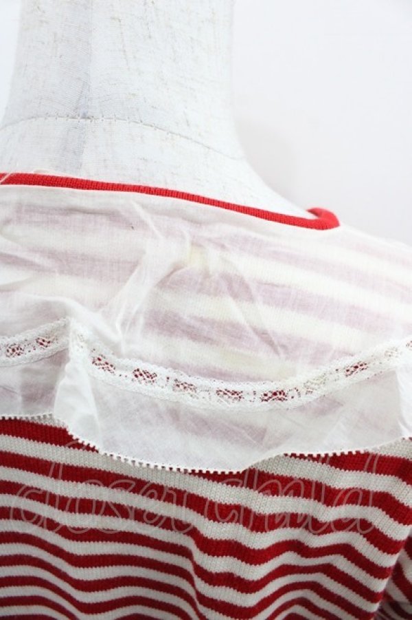 画像3: PINK HOUSE / 襟付きボーダーリボン半袖カーディガン  赤Ｘ白 I-25-11-07-032-LO-TO-SA-ZI (3)